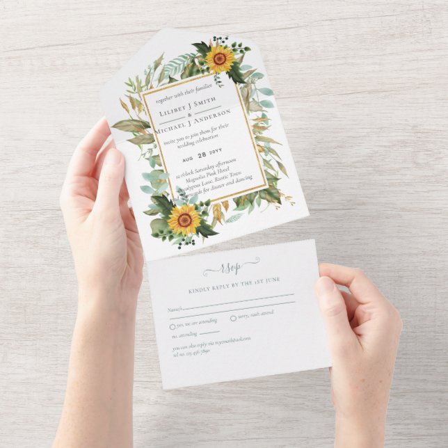 Boho Sunflower Sage Greenerity Wedding All In One Einladung (Abreißen)