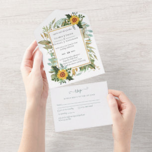 Boho Sunflower Sage Greenerity Wedding All In One Einladung