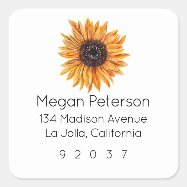 Boho Sunflower Square Rücksendeadresse Quadratischer Aufkleber (Vorderseite)