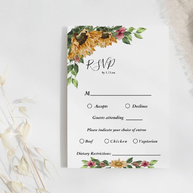 Boho Sunflower Wedding Menü Auswahl RSVP Karte (Von Creator hochgeladen)