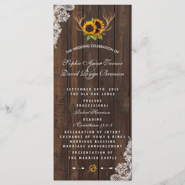 Boho Sunflowers Antlers Wood Lace Wedding Program Programm (Vorderseite)