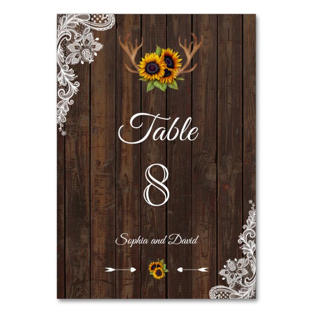 Boho Sunflowers Antlers Wood Wedding TISCHNUMMER (Vorderseite)