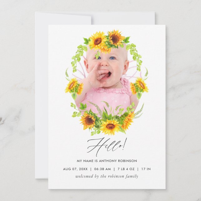 Boho Sunflowers Birth Announcement Foto Card Ankündigung (Vorderseite)