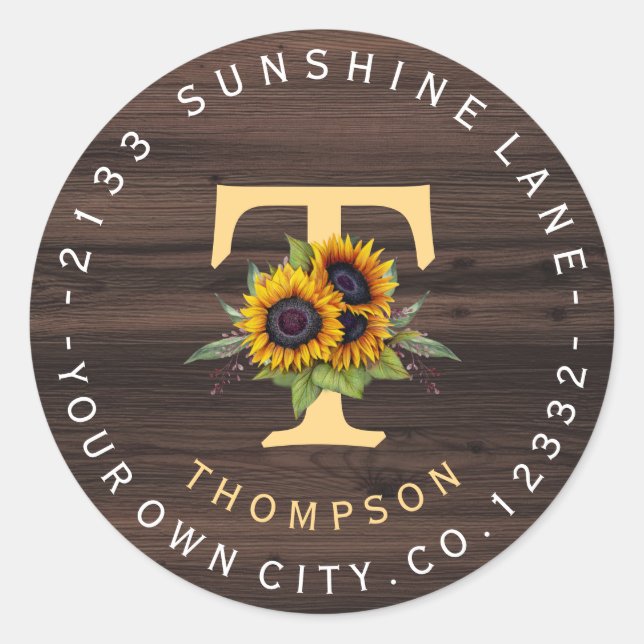 Boho Sunflowers Monogram Circle Address Label Runder Aufkleber (Vorderseite)