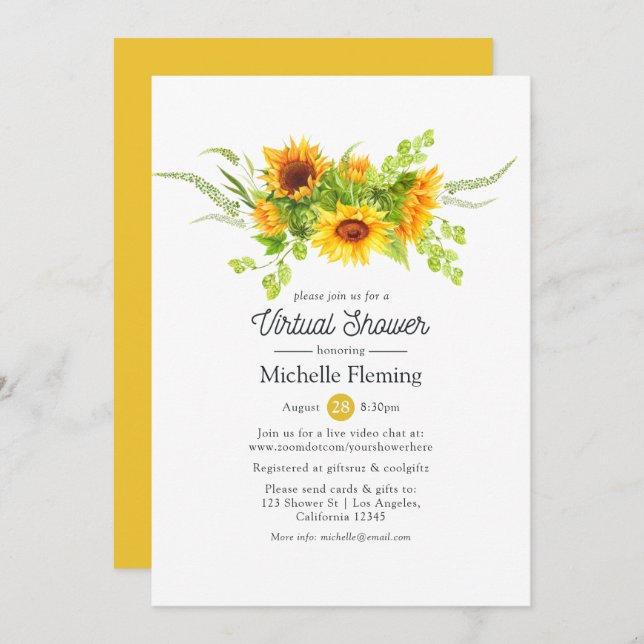 Boho Sunflowers Virtual Bridal oder Baby Shower Einladung (Vorne/Hinten)