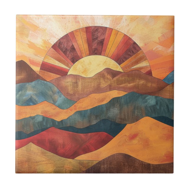 Boho Sunset Over Mountains - Retro Erthy Landschaf Fliese (Vorderseite)