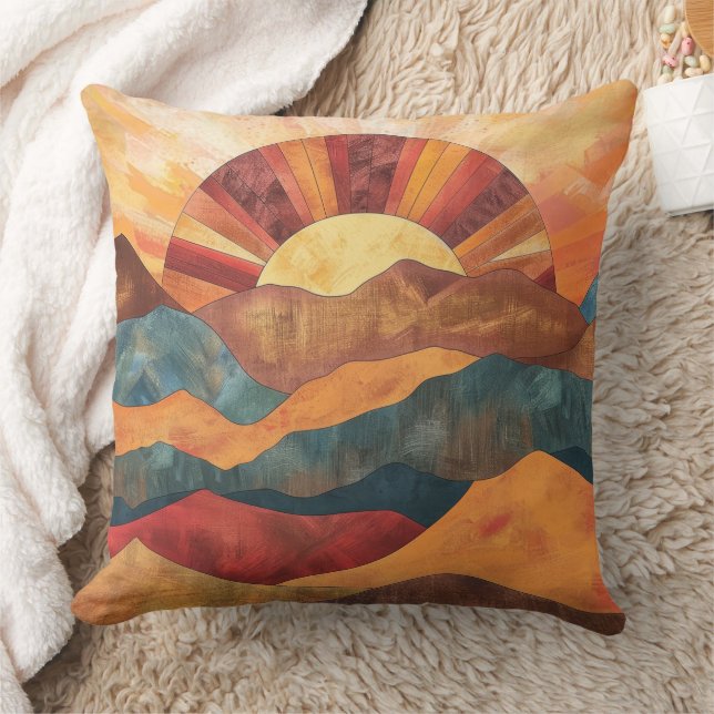 Boho Sunset Over Mountains - Retro Erthy Landschaf Kissen (Decke)