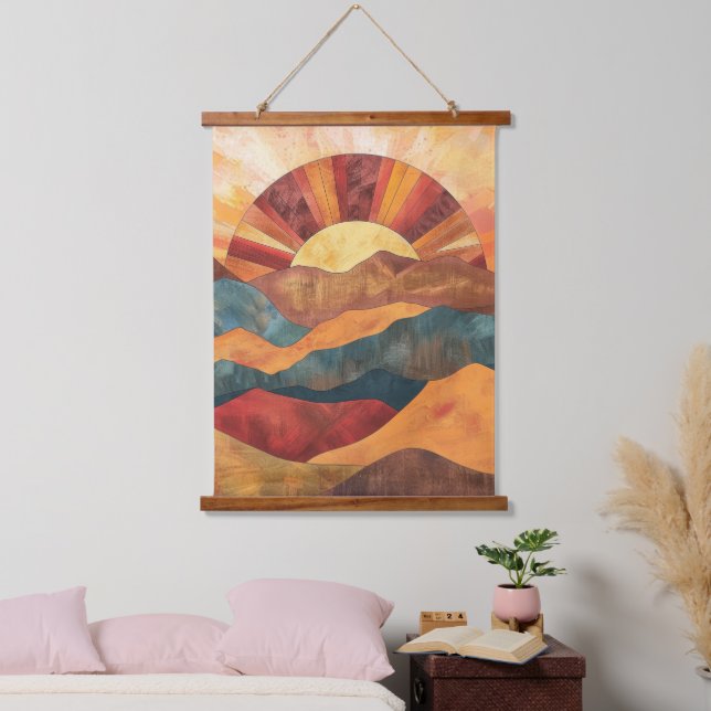 Boho Sunset Over Mountains - Retro Erthy Landschaf Wandteppich Mit Holzrahmen (Schlafzimmer)
