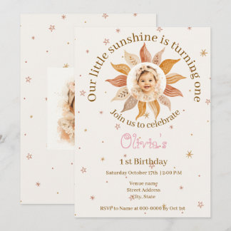 Boho Sunshine Foto Erstes Geburtstagsmädchen Einladung