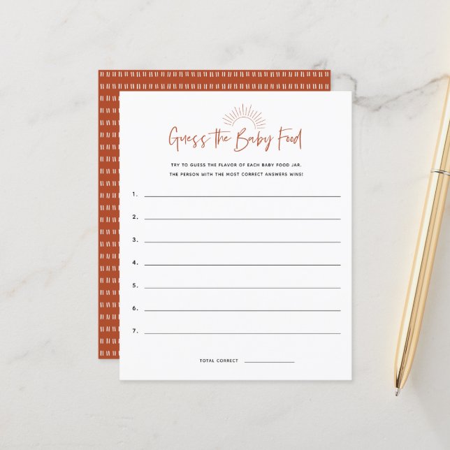 Boho Sunshine rät das Food Baby Duschspiel (Vorderseite/Rückseite Beispiel)