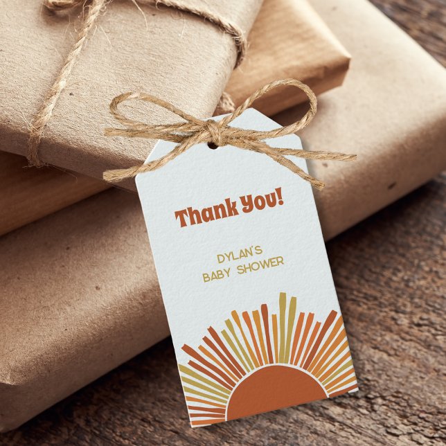 Boho Sunshine Retro Baby Dusche Vielen Dank Geschenkanhänger (boho sunshine baby shower thank you gift tags retro baby shower burned yellow orange brown)