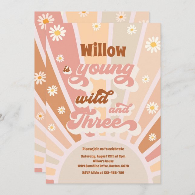 Boho Sunshine Young Wild and Three Birthday Party Einladung (Vorne/Hinten)