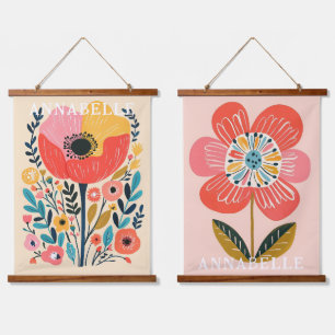 Boho Süße Blumen Illustration Vorname Wandteppich Mit Holzrahmen
