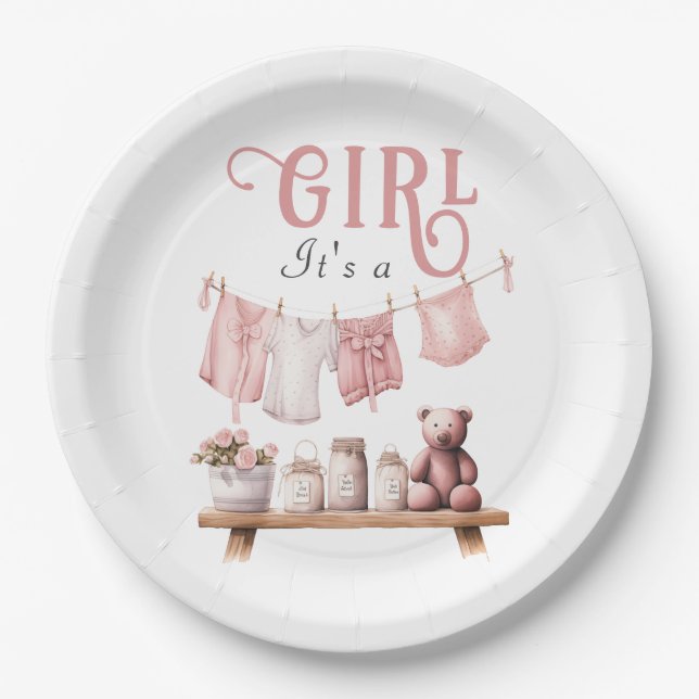 Boho Sweet it a Girl Pink Clothesline Baby Showdus Pappteller (Vorderseite)