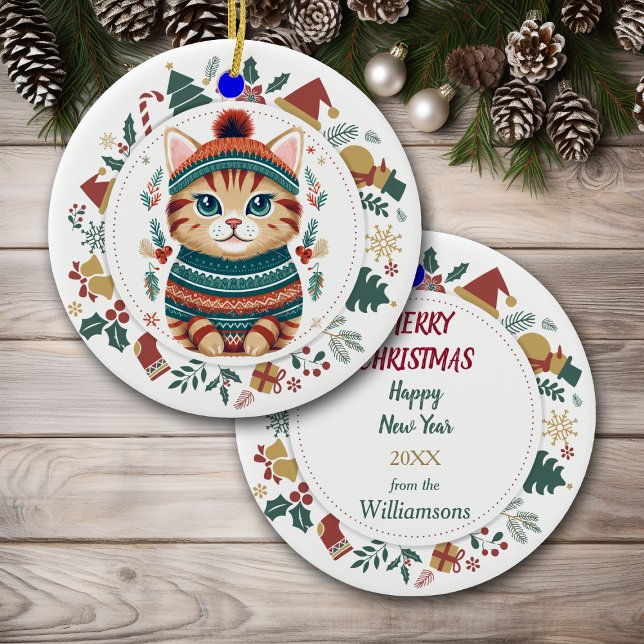 Boho Tabby Cat im Winter Sweater Christmas Keramik Ornament (Von Creator hochgeladen)