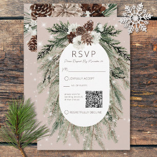 Boho Tan Pine Winter Sparkle QR-Code RSVP Karte
