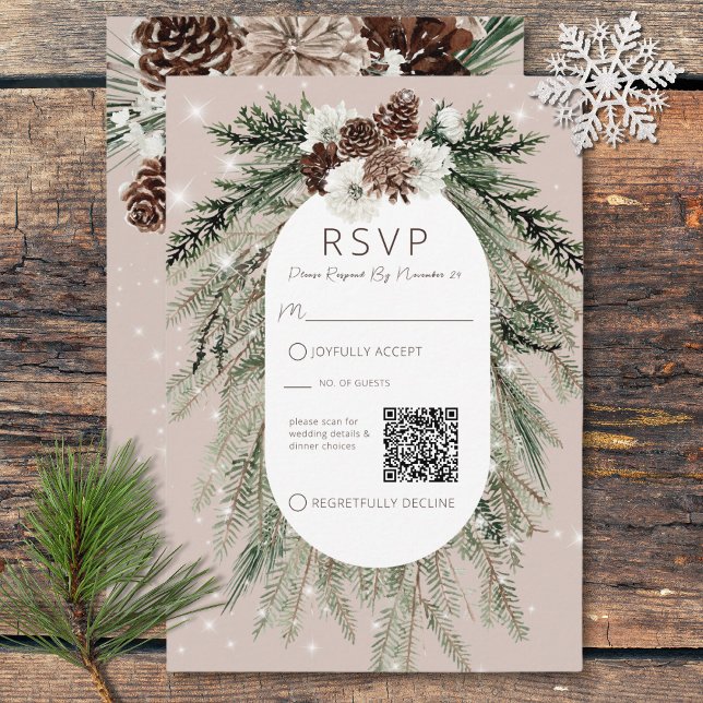 Boho Tan Pine Winter Sparkle QR-Code RSVP Karte (Boho Tan Pine Winter Sparkle QR Code RSVP Card)