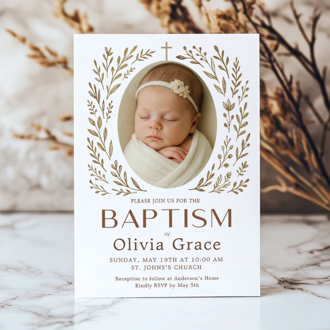 Boho Taufe Einladung mit Blumenreath und Bab (Baptism invitation for Olivia Grace, featuring a soft and elegant design with a floral border.)