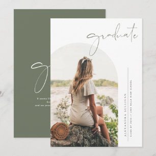 Boho Taupe Grün Minimalistischer Bogen Foto Abschl Einladung