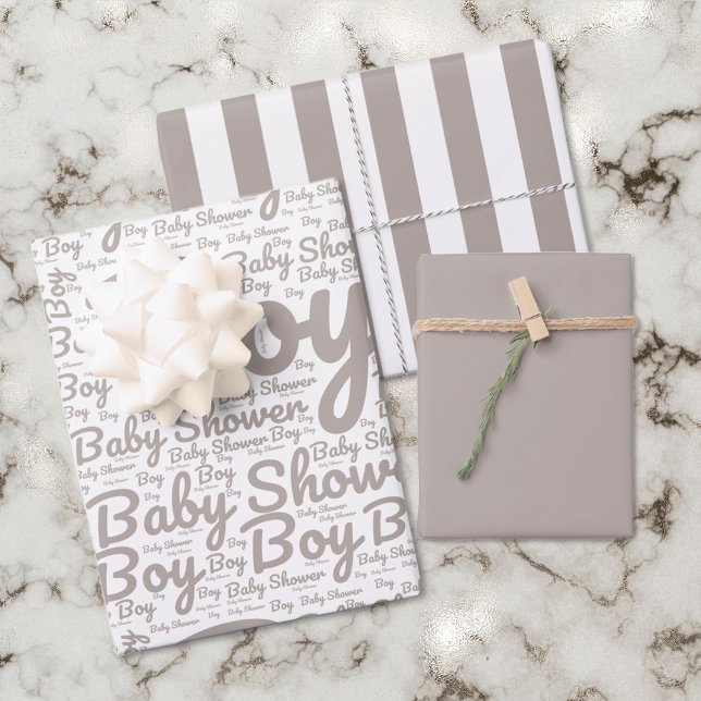 Boho Taupe Script Typografie Boy Baby Shower Geschenkpapier Set (Von Creator hochgeladen)