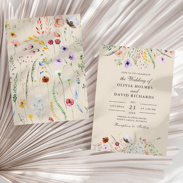 Boho Taupe Wildblume Meadow Wedding Einladung (Boho Taupe Wildflower Meadow Wedding Invitation on a sunny neutral dry palm leaf.)