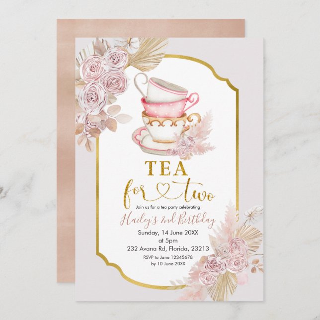 Boho Tea für zwei zweite Einladung zum Geburtstag (Vorne/Hinten)