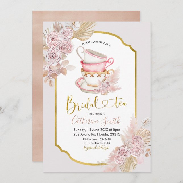 Boho Tea Party Bridal Dusche Einladung (Vorne/Hinten)