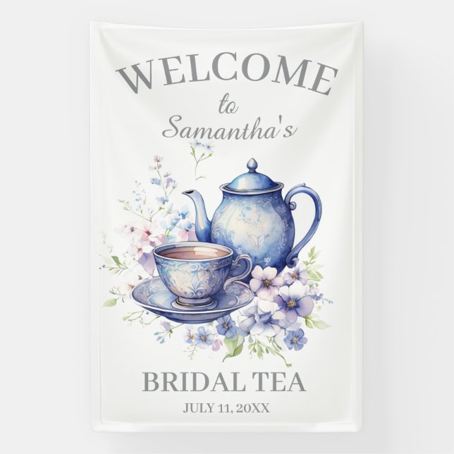 Boho Tea Pot Floral Blue Brautparty Tee Party Banner (Vertikal)