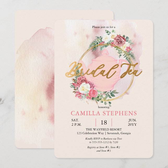 Boho Teapot | Rosa Rose Wreath Bridal Teedusche Einladung (Vorne/Hinten)