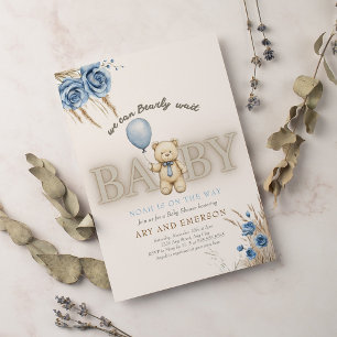 Boho Teddy Bär Junge Blau Kaum warten Baby Einladung