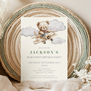 Boho Teddy Bear Airplane Einladung zur Geburtstags