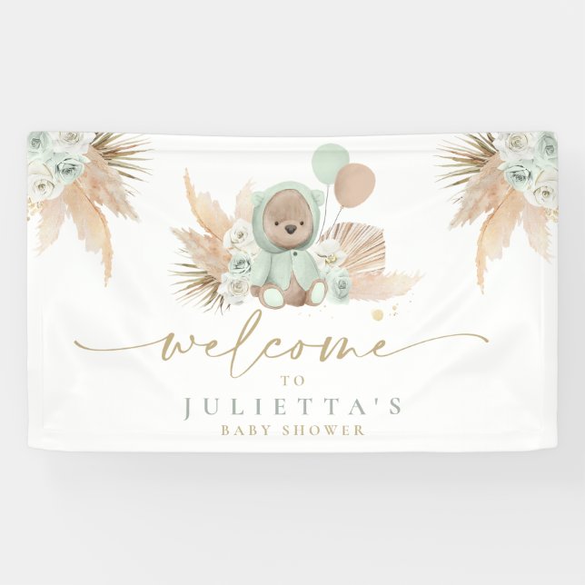 Boho Teddy Bear Baby Dusche Grüner Bär Willkommen Banner (Horizontal)