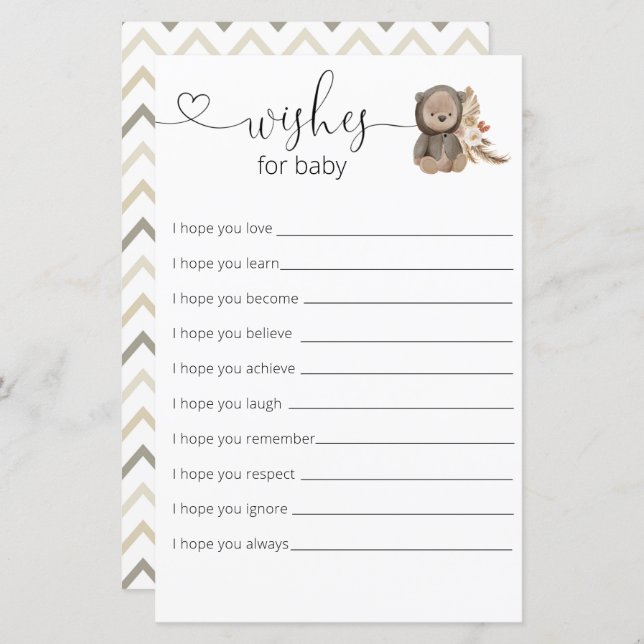 Boho Teddy Bear Baby Dusche wünscht sich für Baby (Vorne/Hinten)