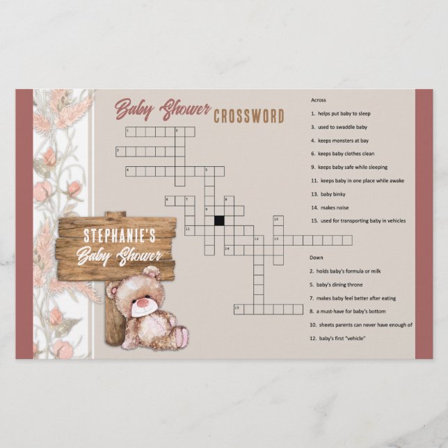 Boho Teddy Bear Baby Shooter Crossword Game Briefpapier (Vorderseite)