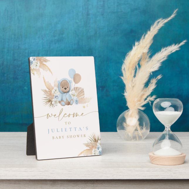 Boho Teddy Bear Baby Shower Boy Blue Bär Willkomme Fotoplatte (Seite)
