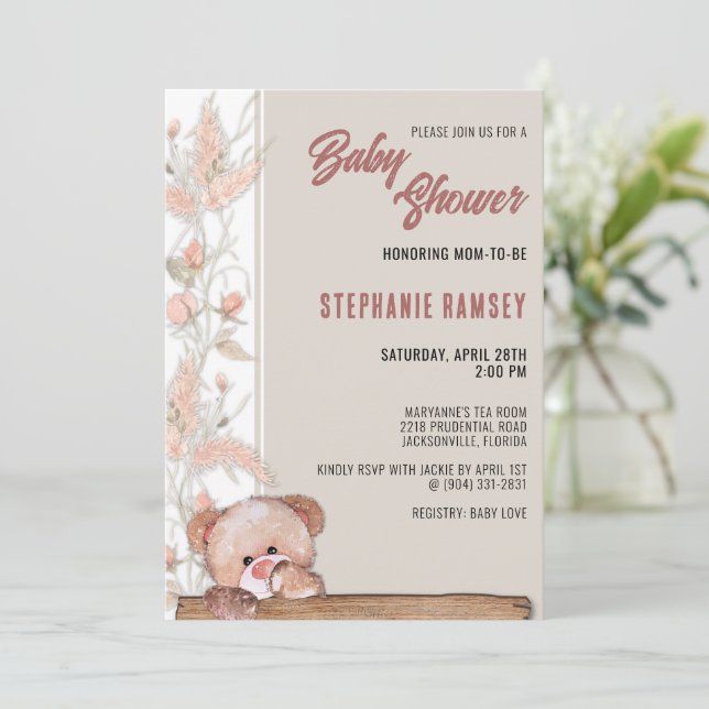 Boho Teddy Bear Baby Shower Einladung (Stehend Vorderseite)