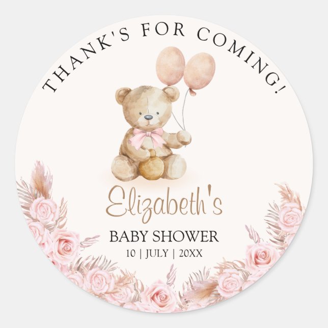 Boho Teddy Bear Baby Shower Girl Runder Aufkleber (Vorderseite)