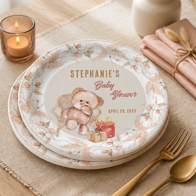 Boho Teddy Bear Baby Shower Pappteller (Von Creator hochgeladen)
