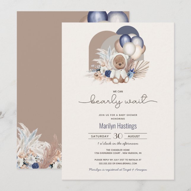 Boho Teddy Bear & Balloons Bearly Wait Baby Dusche Einladung (Vorne/Hinten)