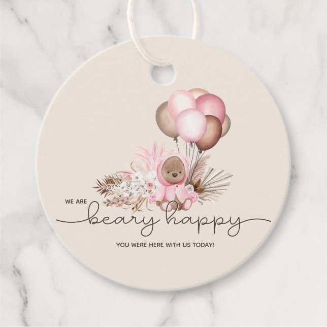 Boho Teddy Bear & Balloons Bearly Wait Baby Dusche Geschenkanhänger (Vorderseite)