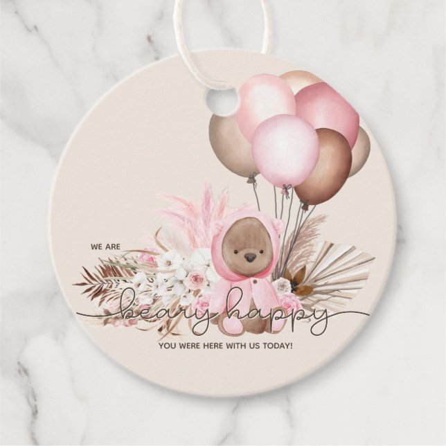 Boho Teddy Bear & Balloons Bearly Wait Baby Dusche Geschenkanhänger (Vorderseite)