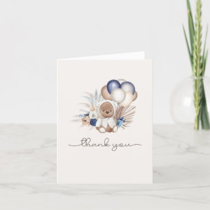 Boho Teddy Bear & Balloons - blau, braun, neutral Dankeskarte