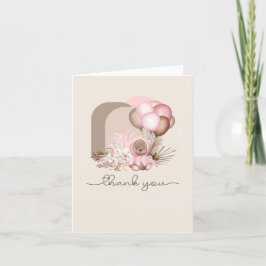 Boho Teddy Bear & Balloons - rosa, braun, neutral Dankeskarte