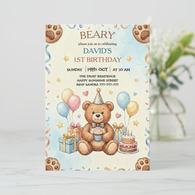 Boho Teddy Bear Beary First 1st Birthday Party Einladung (Stehend Vorderseite)