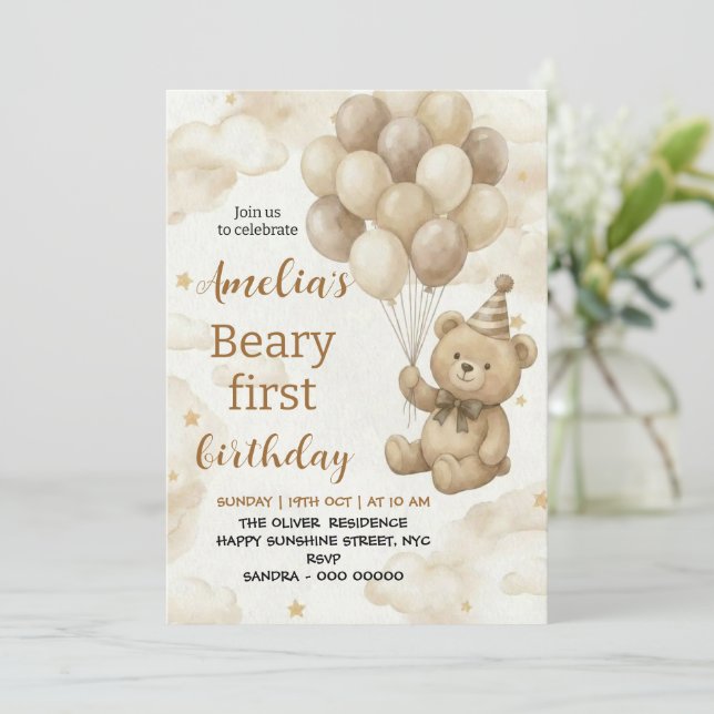 Boho Teddy Bear Beary First 1st Birthday Party Einladung (Stehend Vorderseite)