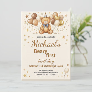 Boho Teddy Bear Beary First 1st Birthday Party Einladung