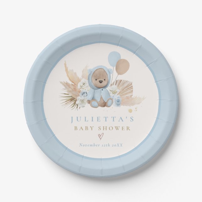 Boho Teddy Bear Blue Bearly Wait Baby Dusche Pappteller (Vorderseite)
