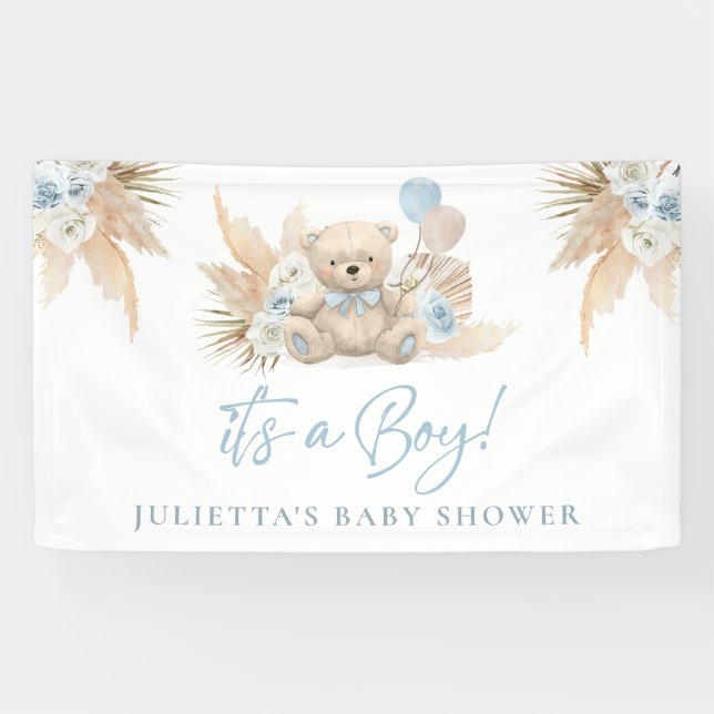 Boho Teddy Bear Boy Blue Baby Dusche Willkommen Banner (Horizontal)