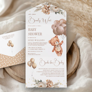 Boho Teddy Bear Brown Balloons Floral Baby Shower All In One Einladung