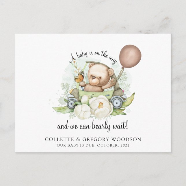 Boho Teddy Bear Brown Green Bearly Wait Schwangers Ankündigungspostkarte (Vorderseite)